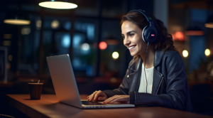 A freelancer working remotely on a laptop with a coffee cup beside them, representing the flexibility of freelancing